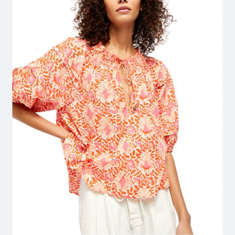 Free People Willow Printed Top Size L Orange‎ Pink Floral Boho Peasant Flowy